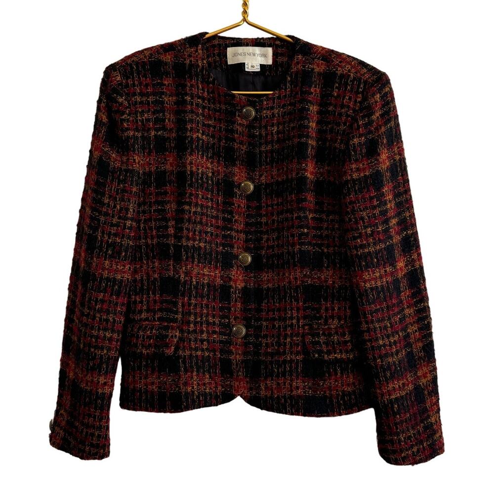 Vintage 90's Jones New York Plaid Wool Mohair Blazer Topper Jacket Size 10
